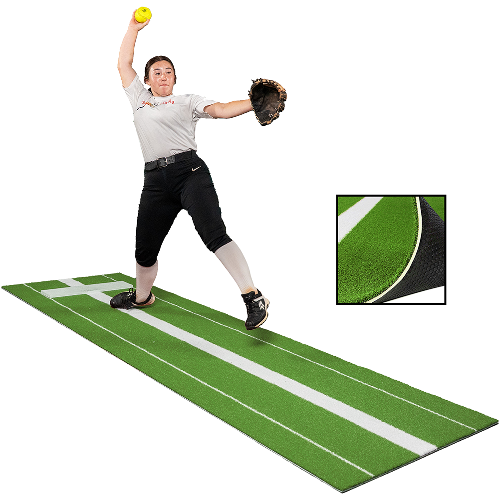 3 x 10 Elite softball pitching mat in green with tufted power line and pitching rubber