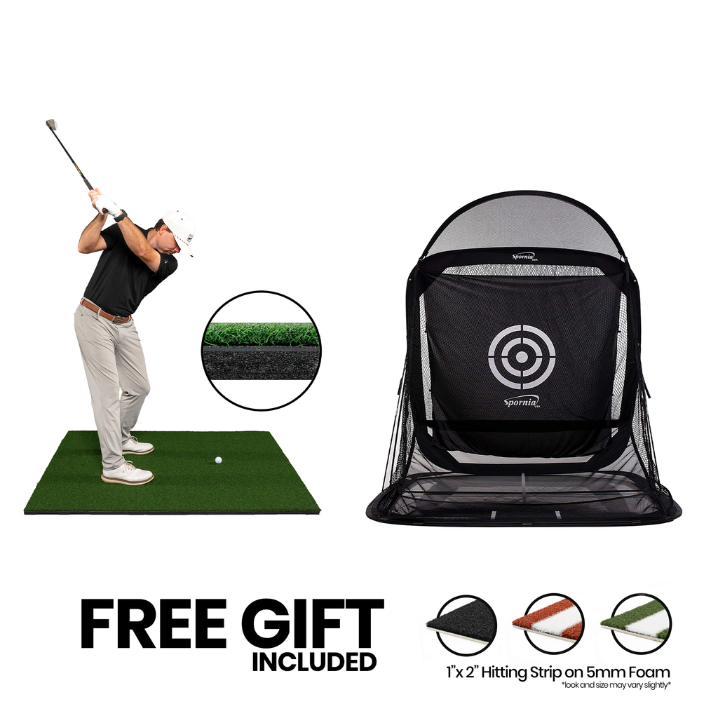 2nd Quality 5x5 Fairway golf mat with foam backing and SPG-5 pop-up golf net bundle