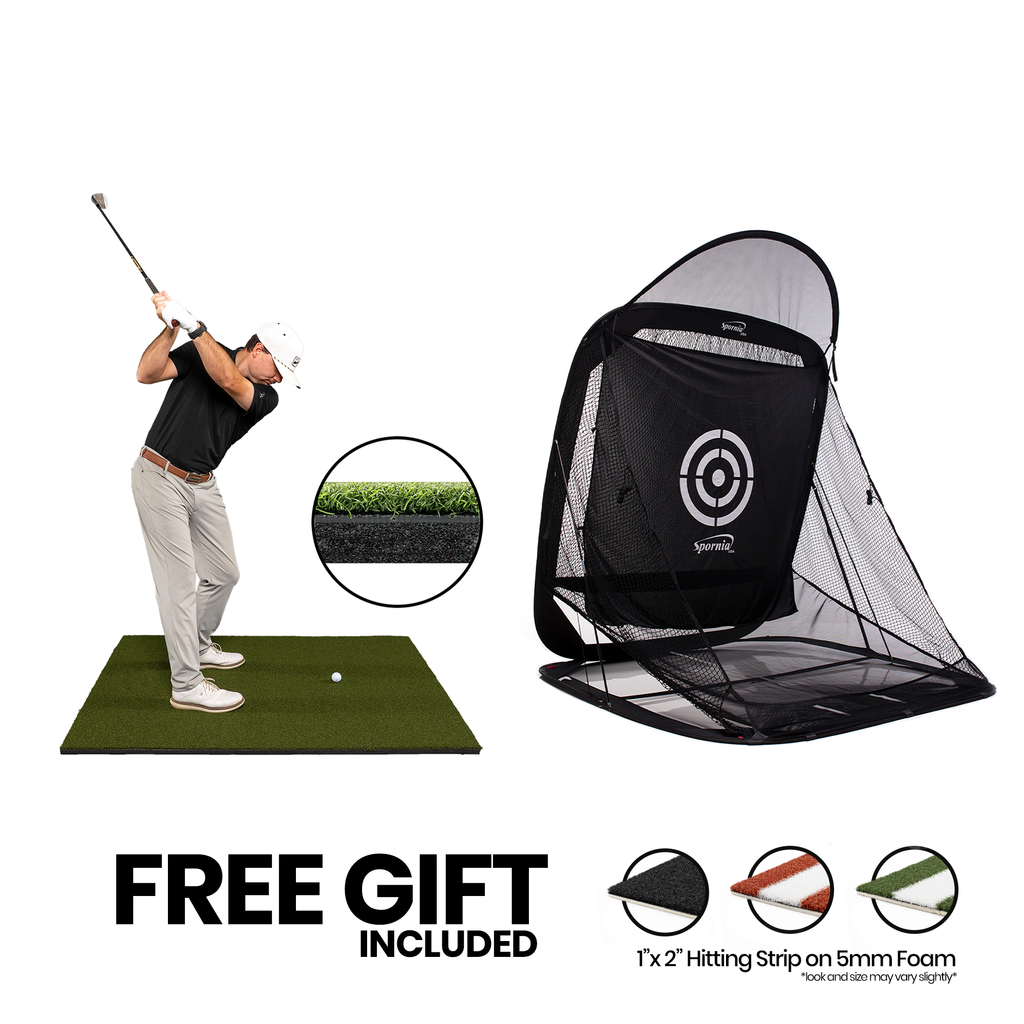 5x5 Fairway golf mat with shock-absorbent foam and SPG-7 pop-up golf net bundle