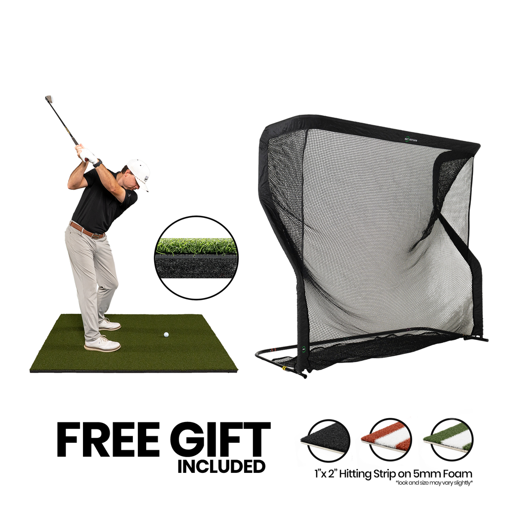 5x5 Fairway golf mat with shock-absorbent foam and The Net Return Pro golf net bundle
