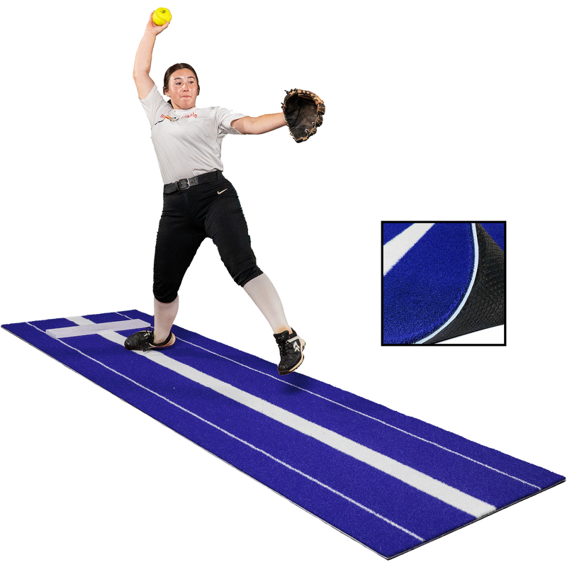 3 x 10 Elite softball pitching mat in blue with tufted power line and pitching rubber