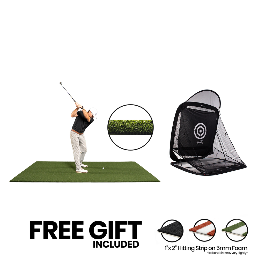 5x10 Super Tee golf mat with urethane-coated backing and SPG-7 pop-up golf net bundle