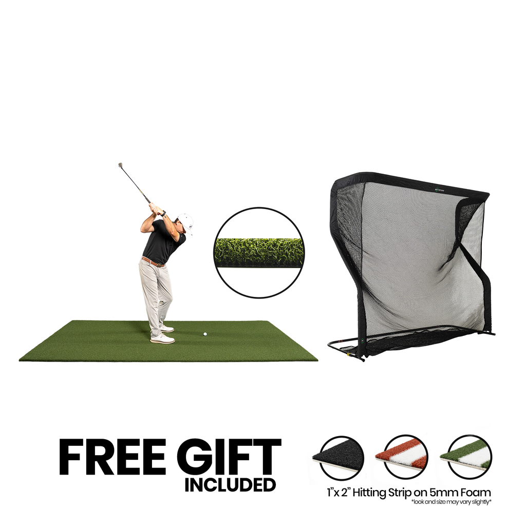 5x10 Super Tee golf mat with urethane-coated backing and The Net Return Pro golf net bundle