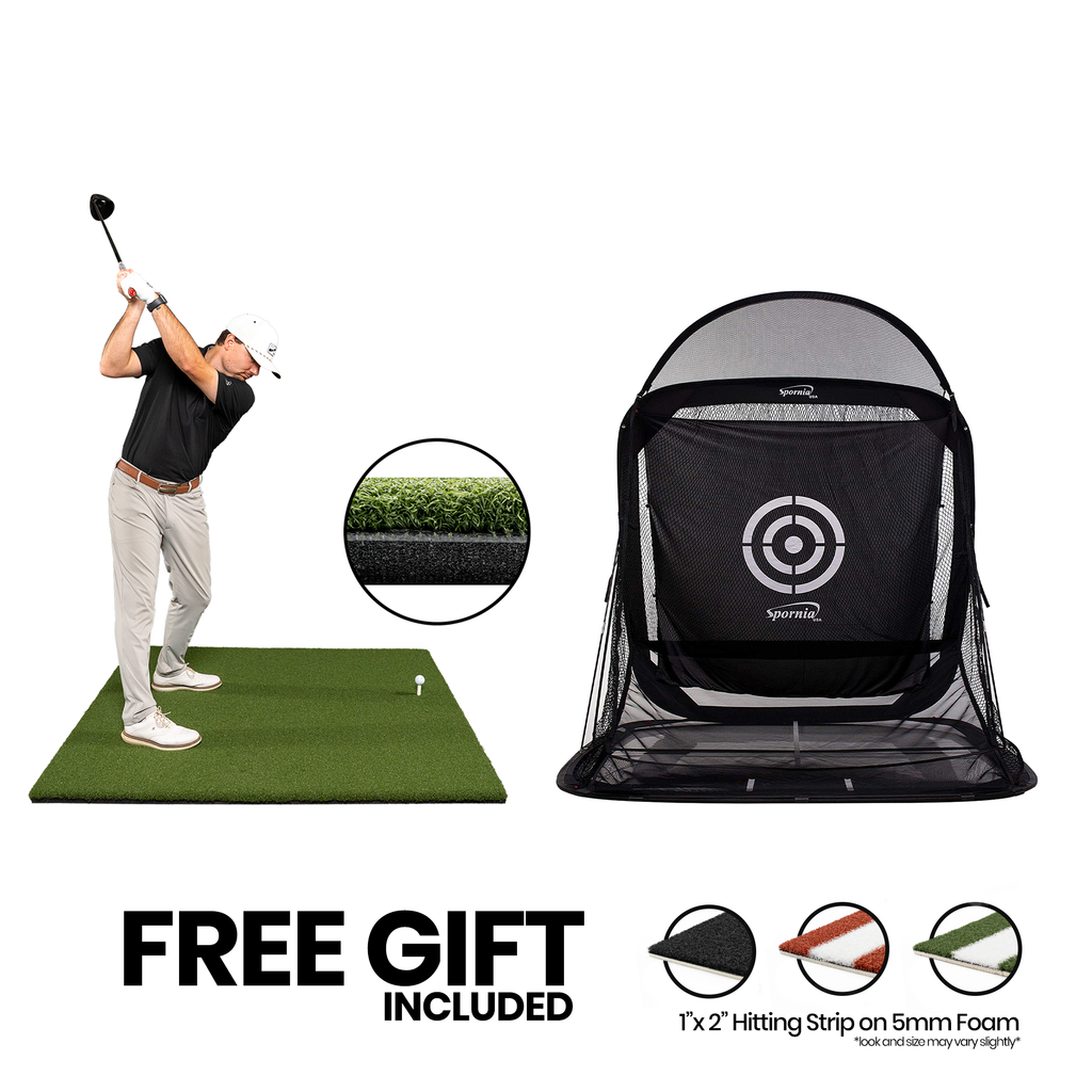 5x5 Super Tee golf mat with shock-absorbent foam and SPG-5 pop-up golf net bundle