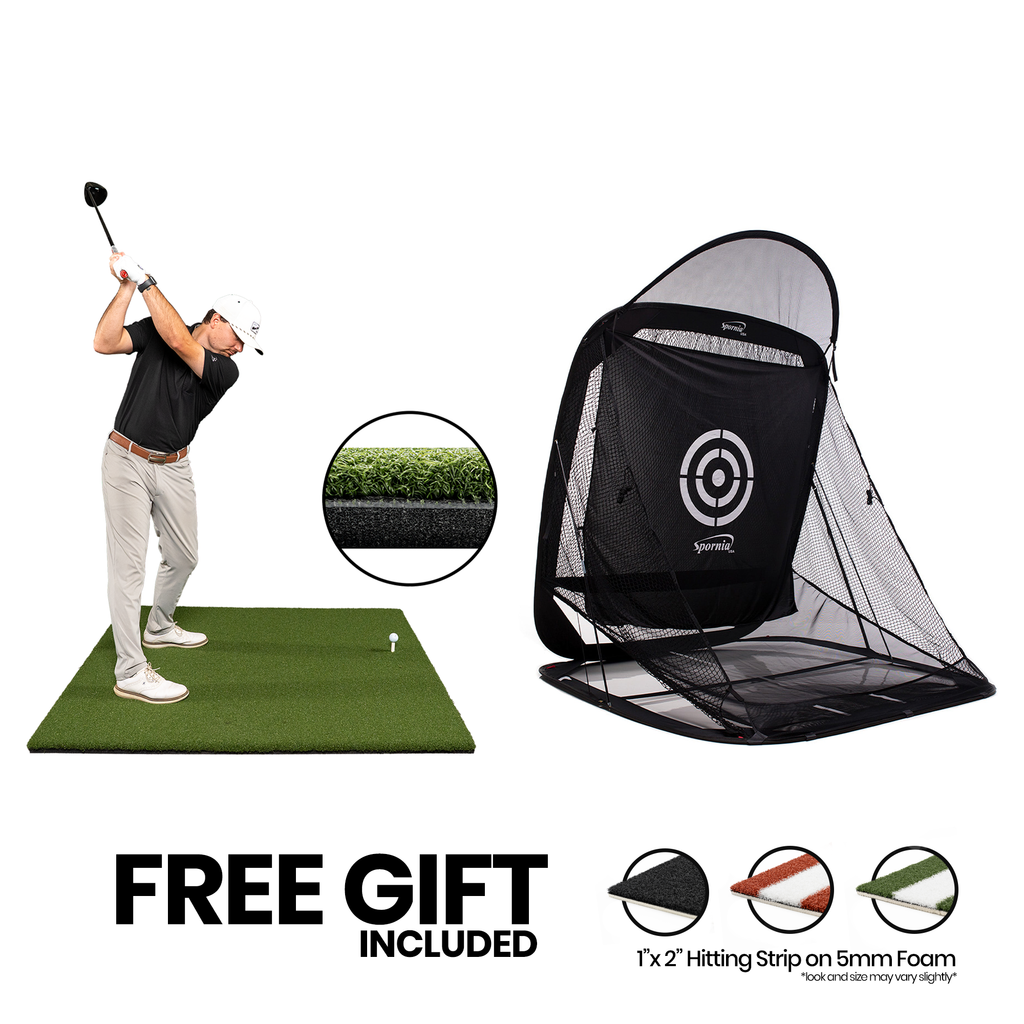 5x5 Super Tee golf mat with shock-absorbent foam and SPG-7 pop-up golf net bundle