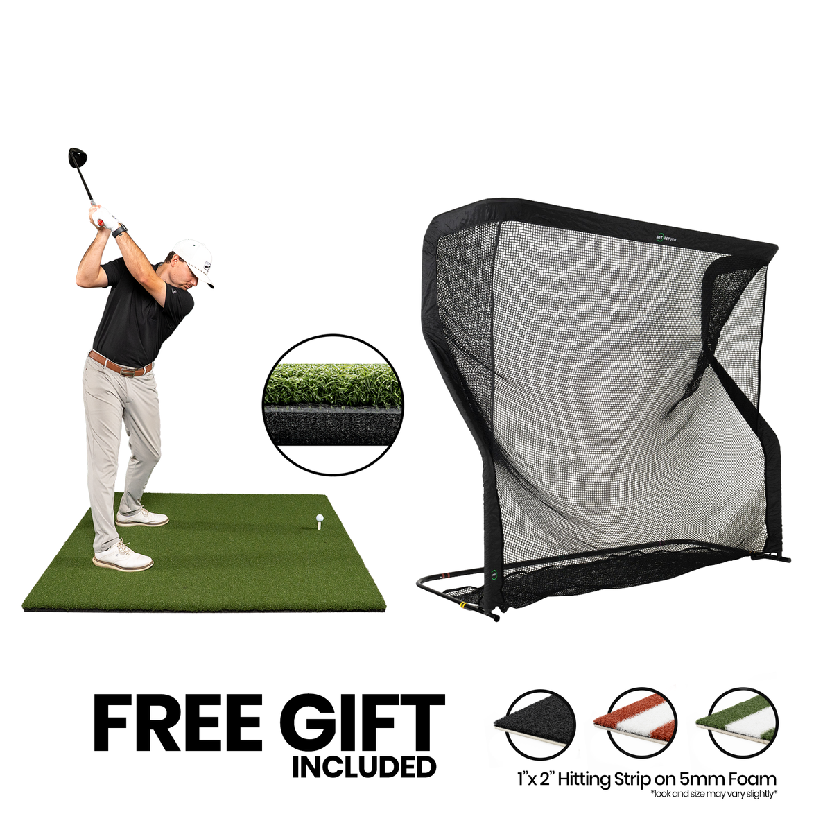 5x5 Super Tee golf mat with shock-absorbent foam and The Net Return Pro golf net bundle