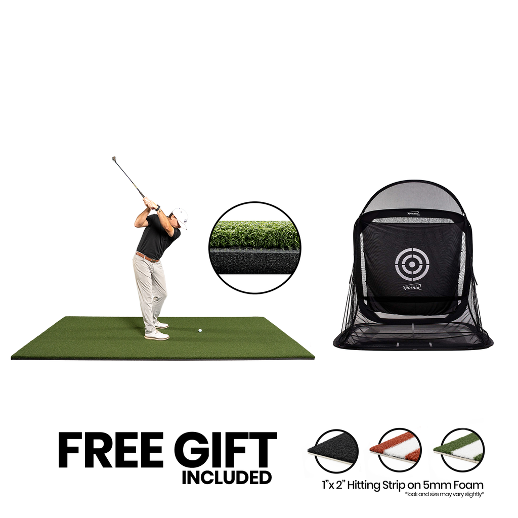 5x10 Super Tee golf mat with shock-absorbent foam and SPG-5 pop-up golf net bundle